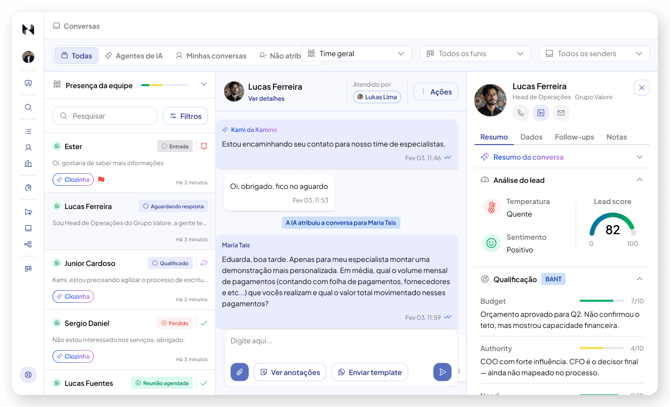 Inbox multiatendente da Nuvia com atribuição de responsáveis